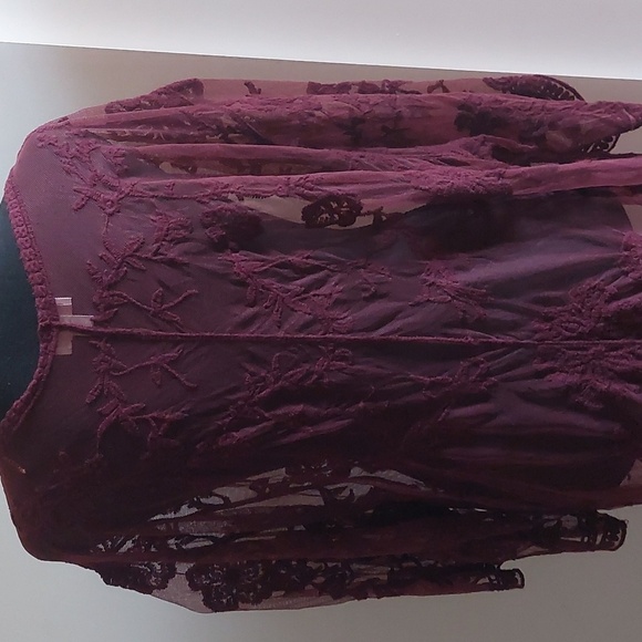 Embroidered Crochet Burgundy Open Front Duster Kimono L Indie Boho Festival - Picture 6 of 12